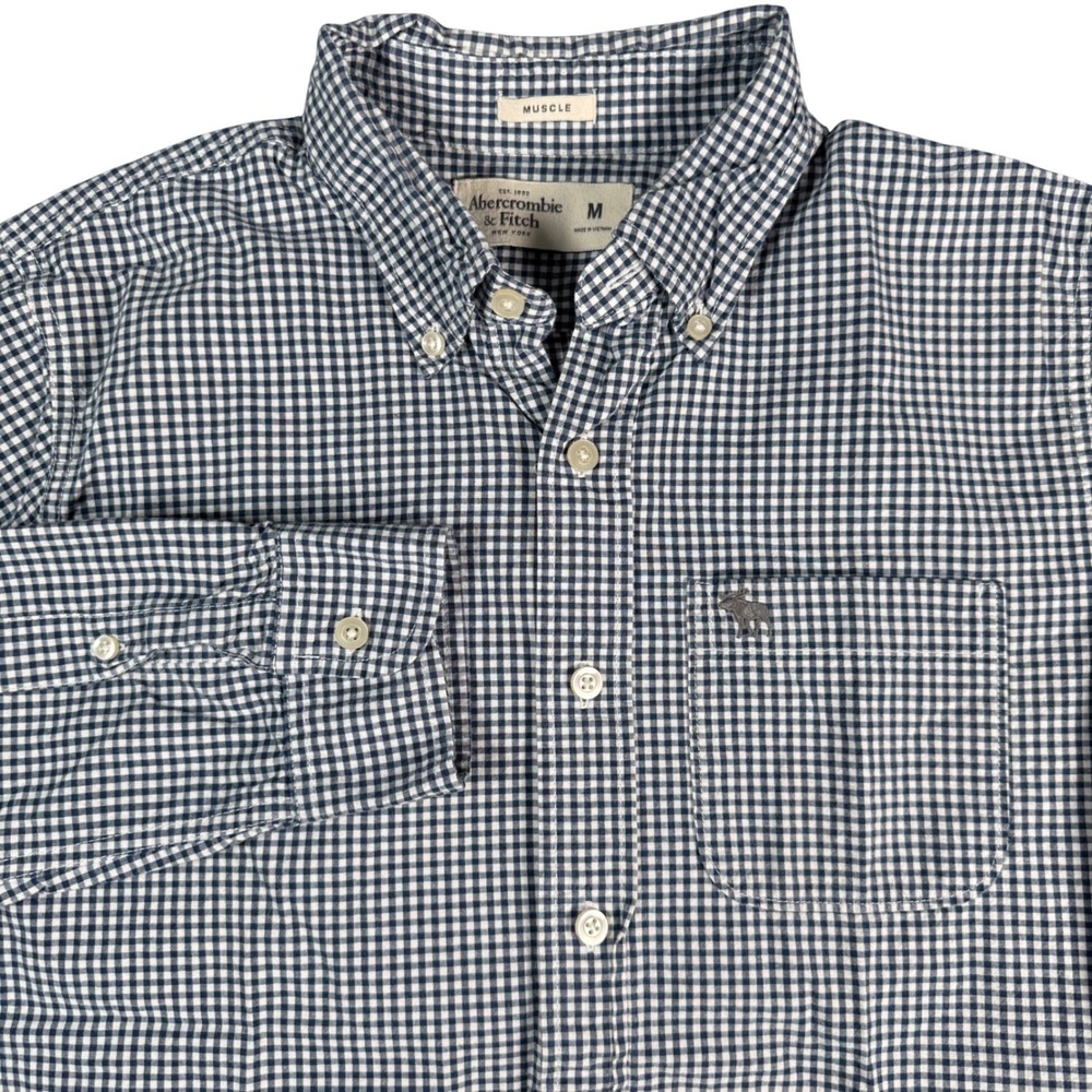 Abercrombie & Fitch Muscle Button Down Shirt Men M Blue Gingham Vintage Y2K Logo